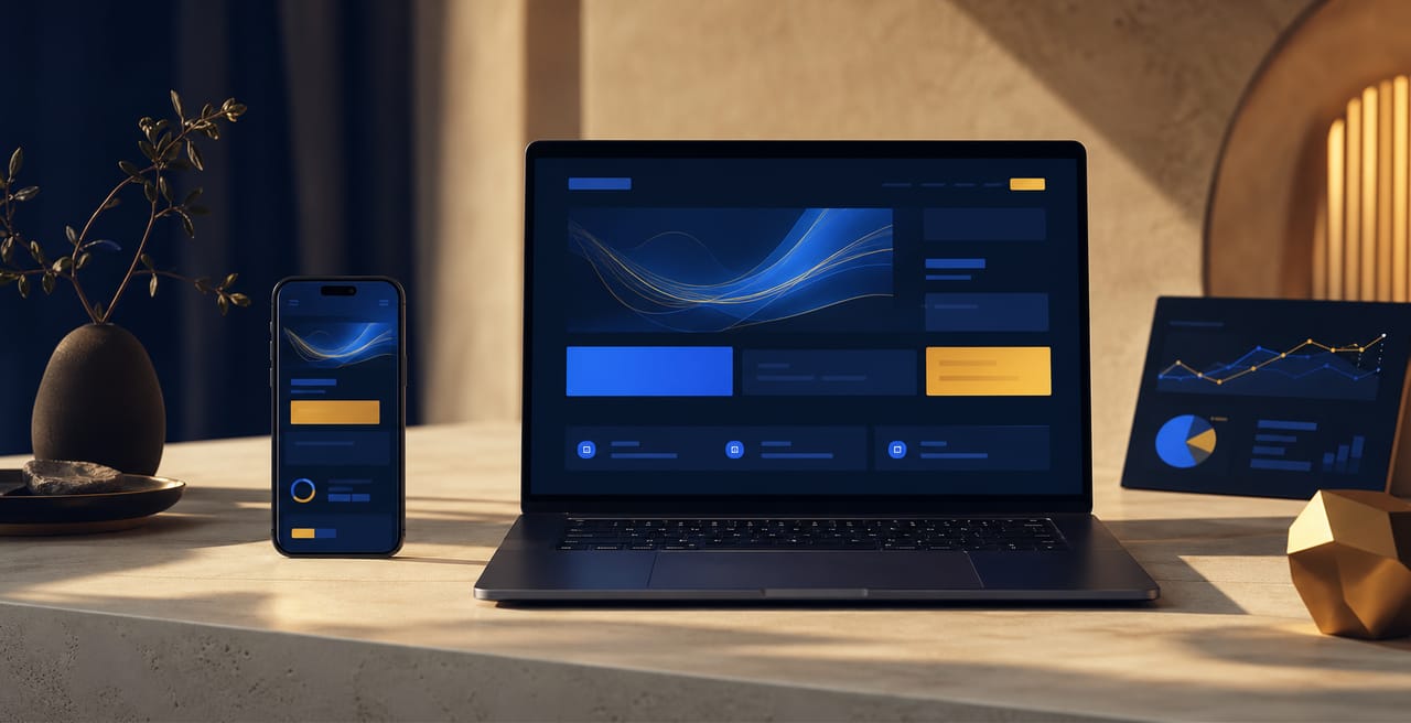 Laptop, phone and analytics display showing a connected MS Digital web experience