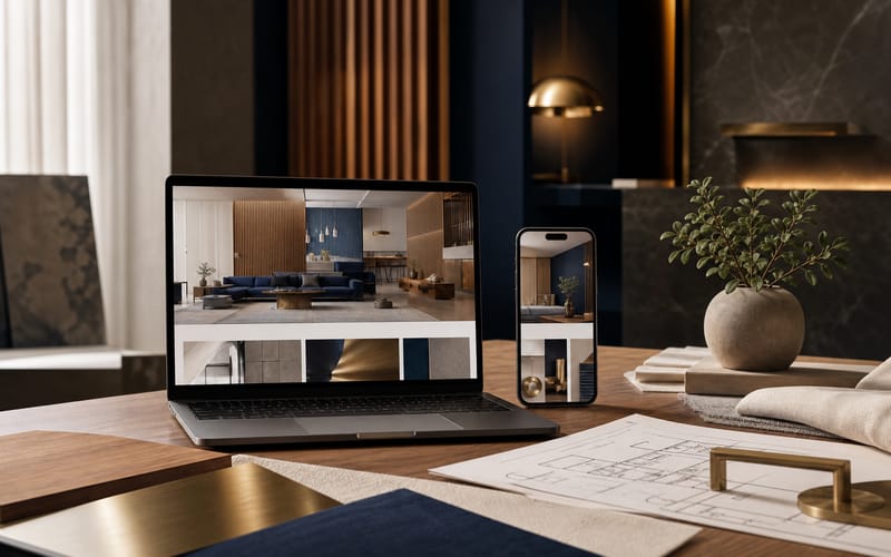 NS Interior Designs website presented in a refined materials studio