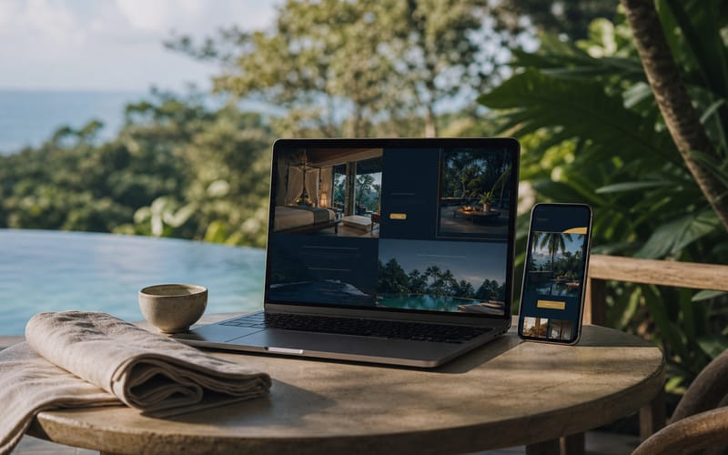 Villa Idda website presented beside a tranquil tropical pool