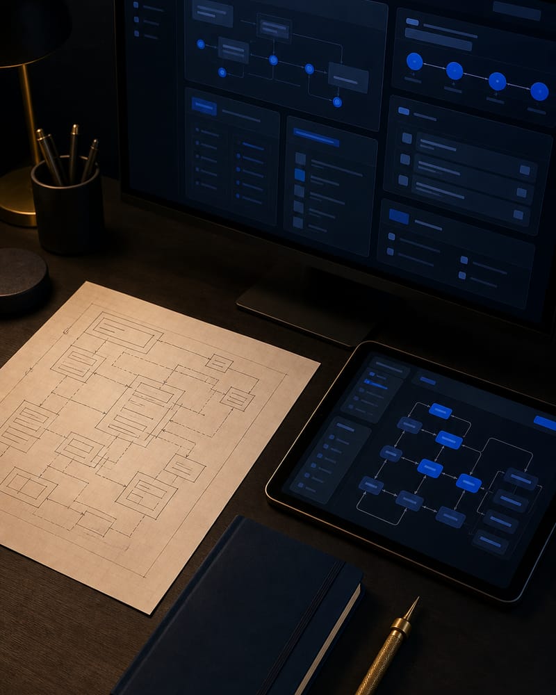 Architecture sketch and custom software workflow dashboard under review