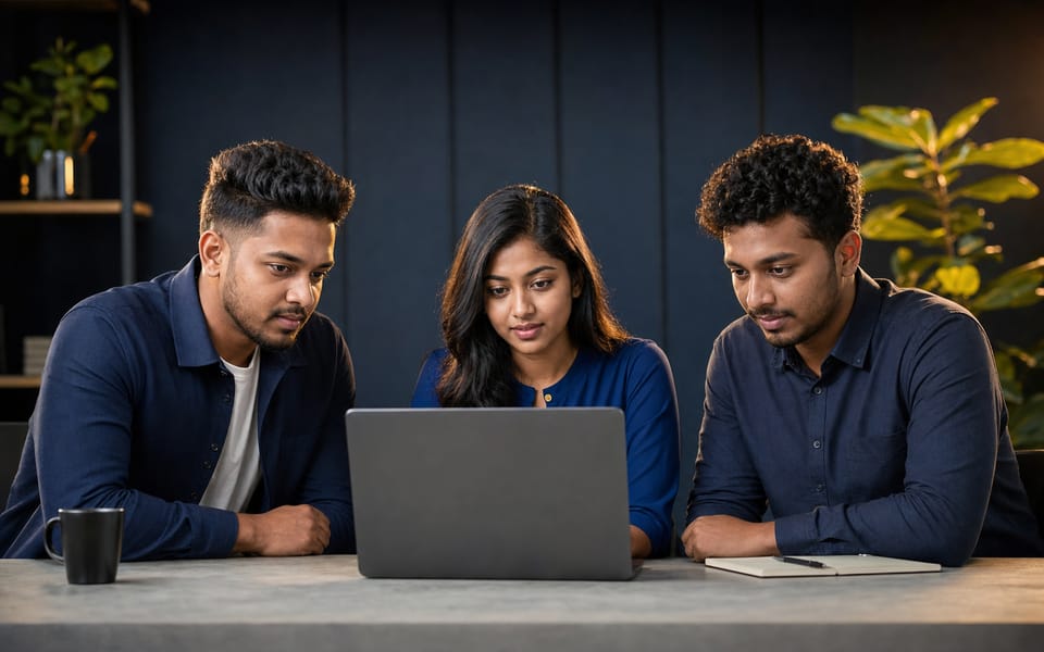 Adithya, Moksha and Deeshaka reviewing work together at MS Digital